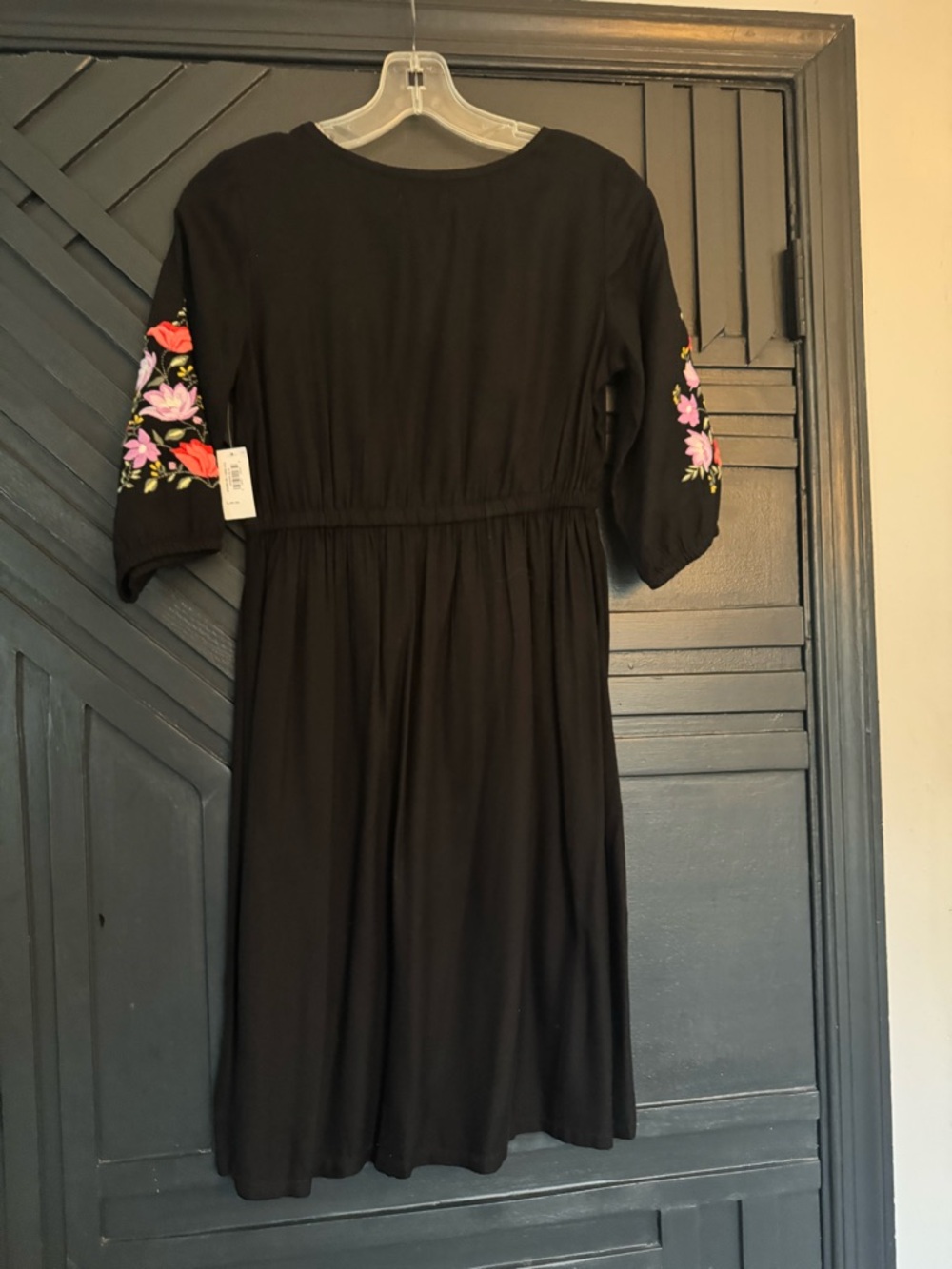 Old Navy Black Midi Dress with Pink & Red Floral Sleeve Embroidery